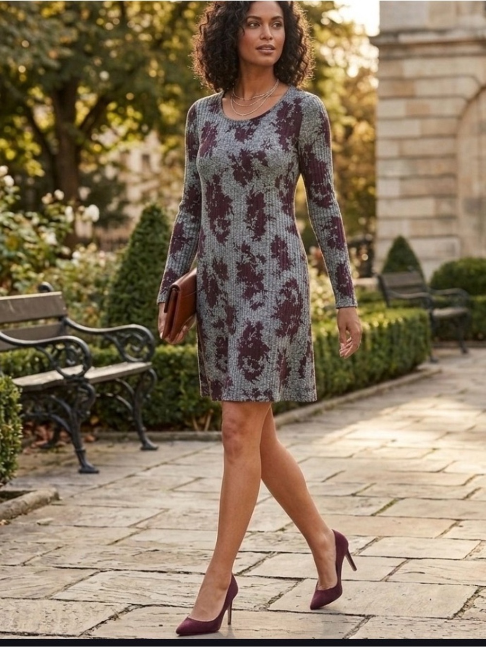 Love Fire Gray floral thermal longsleeve mini dress sz Medium EUC